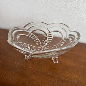 Vintage Footed Clear Glass Candy Dish, Scalloped Edge 3-Footed Bowl
